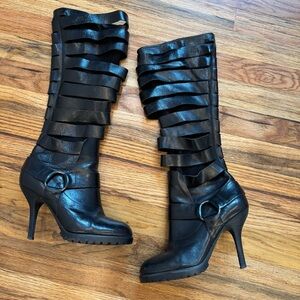 Y2K Miss Sixty Women's Black Leather Strappy Knee High Heel Boots Size 6.5 / 36